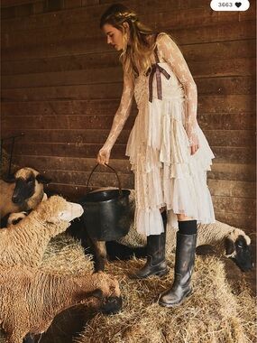 Free People Isabel Tiered Cascading Lace Chiffon Vintage Midi Dress